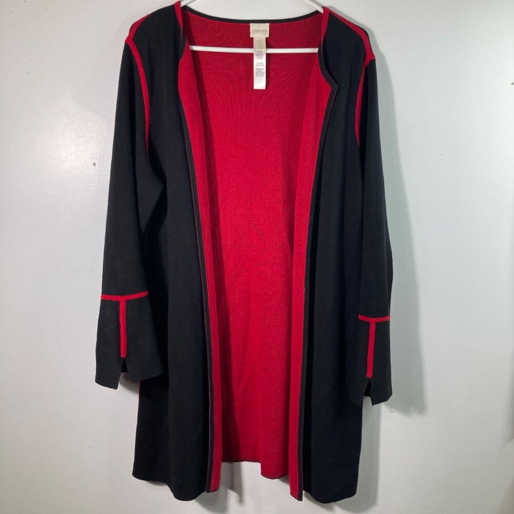Womens Chicos Classic Open Cardigan Jacket Black Red Trim Bell Sleeve XL Cotton